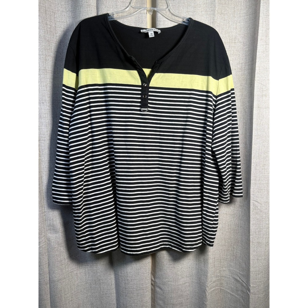 Southern Lady Womens 3X Striped Henley Top Black White Lime 3/4 Sleeve Plus Size